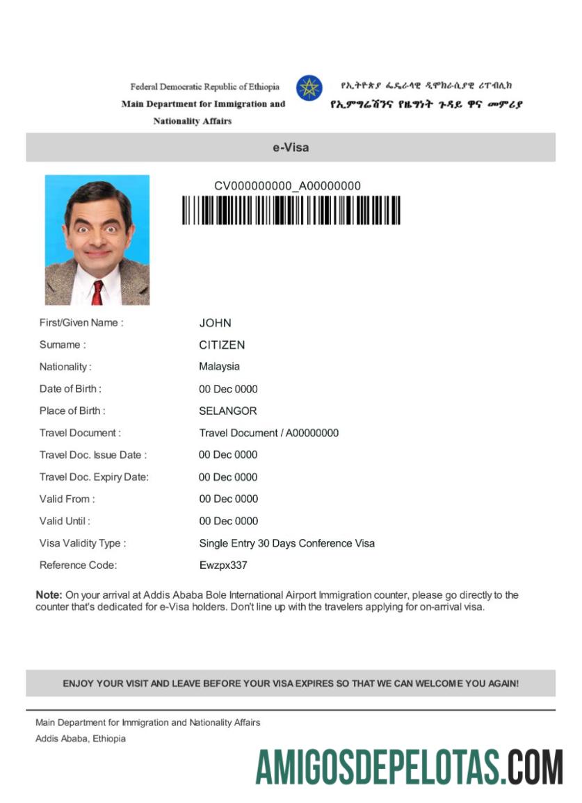 Visto E para Etiópia exemplo